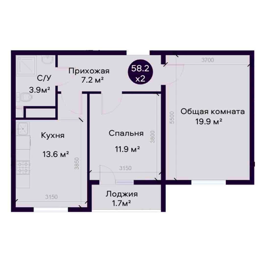 2-комнатная квартира 58.2 м²  9/9 этаж