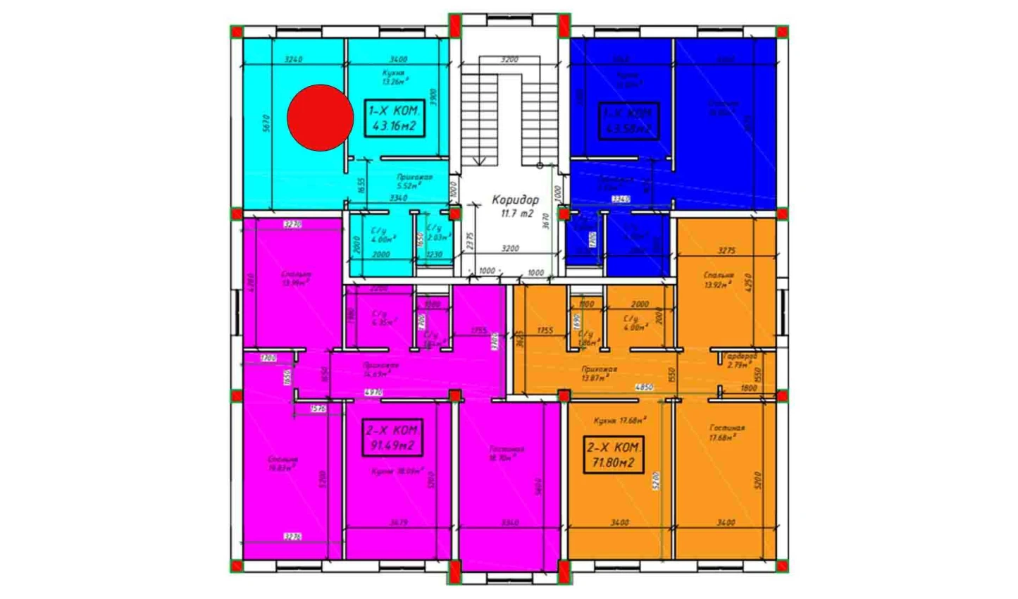 1-xonali xonadon 43.16 m²  3/3 qavat