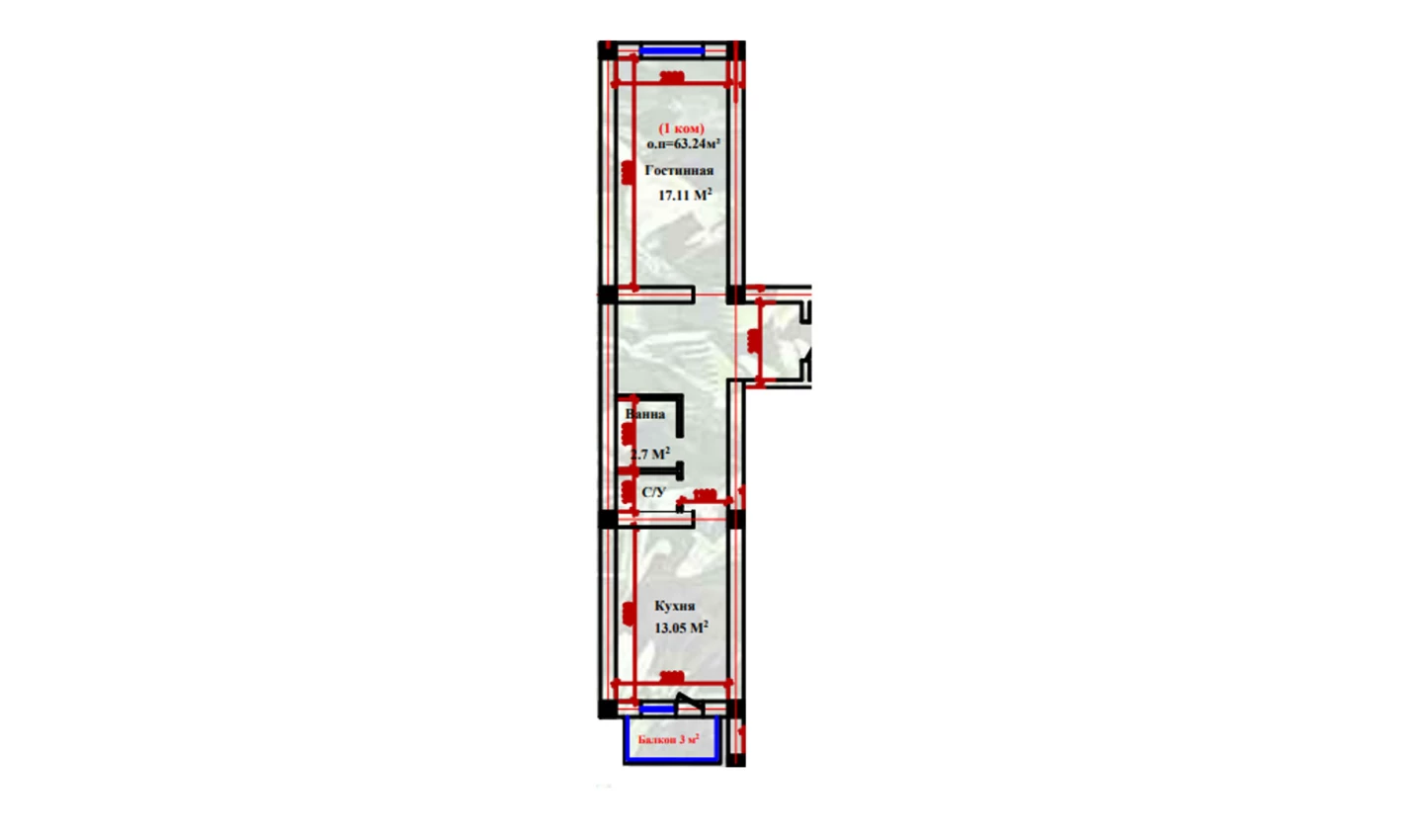 1-xonali xonadon 63.24 m²  2-9/2-9 qavat