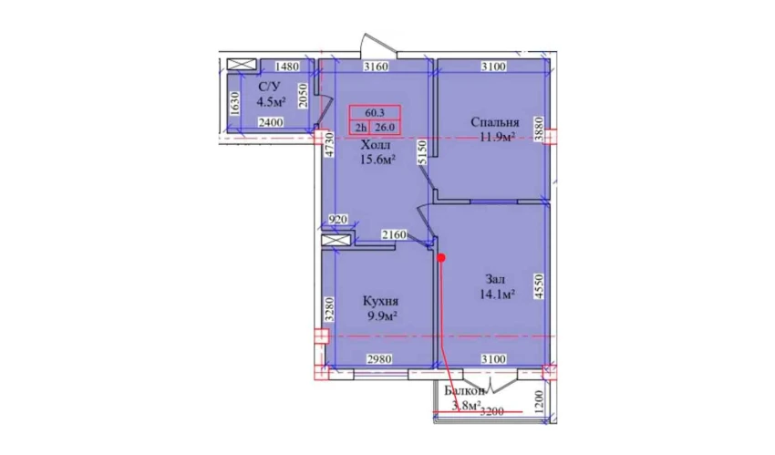 2-комнатная квартира 60.3 м²  9/9 этаж | Жилой комплекс CHIRCHIQ CITY