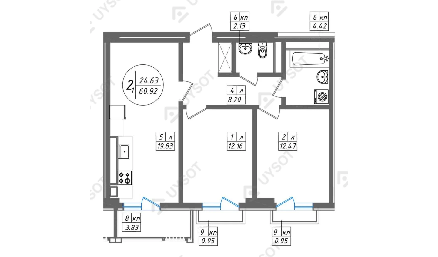 2-xonali xonadon 60.92 m²  10/10 qavat