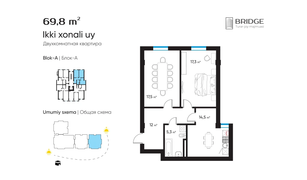 2-xonali xonadon 69.7 m²  4/4 qavat