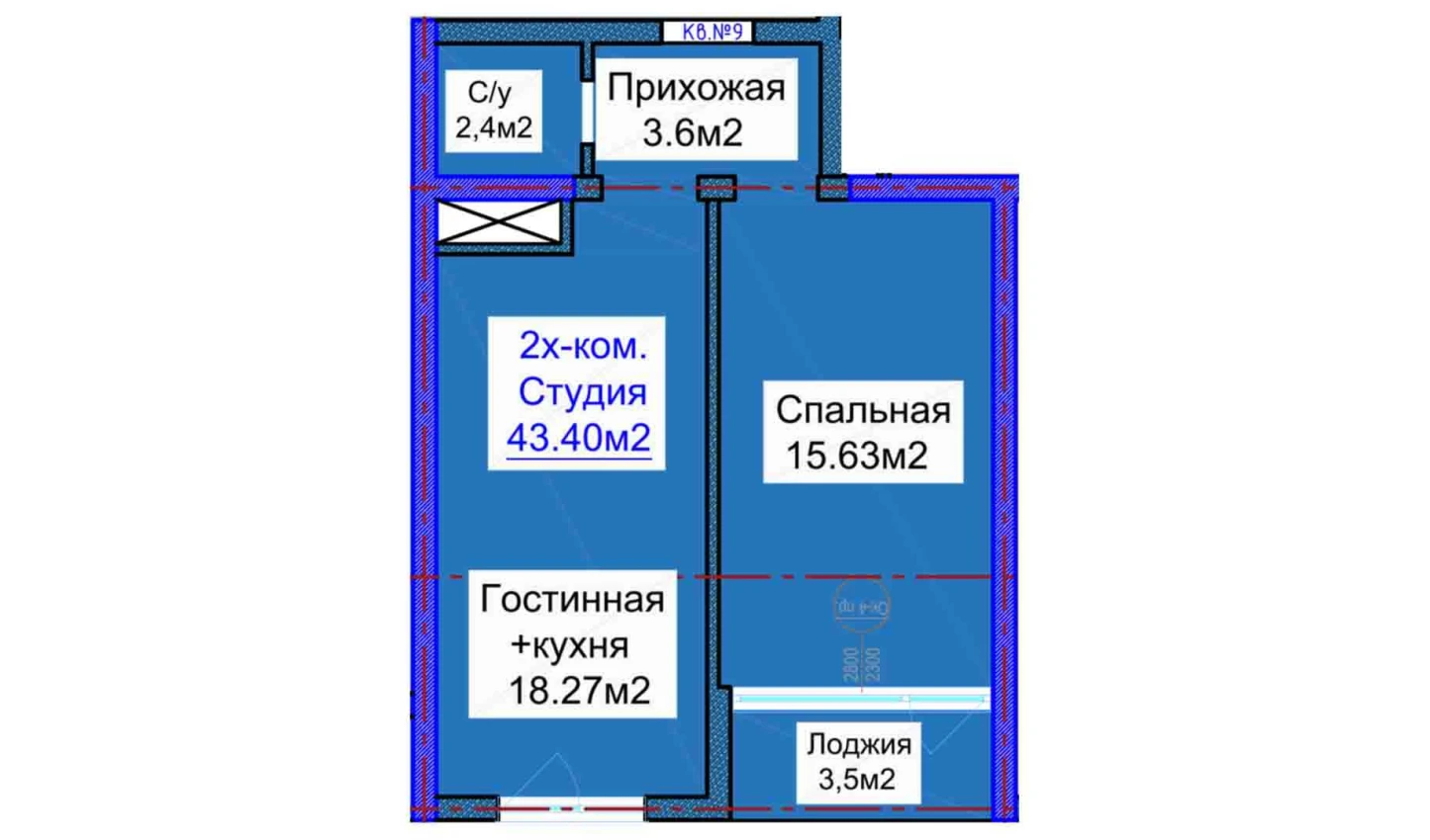 2-комнатная квартира 43.4 м²  16/16 этаж