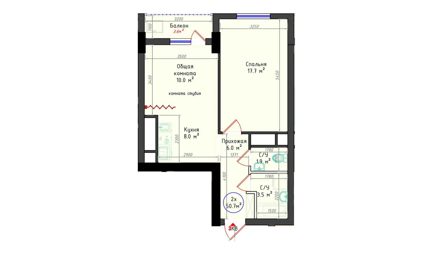 2-комнатная квартира 50.7 м²  3/3 этаж