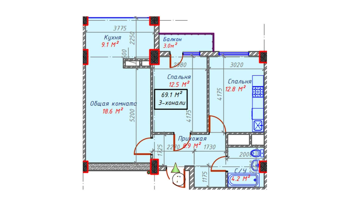 3-комнатная квартира 69.1 м²  6/6 этаж