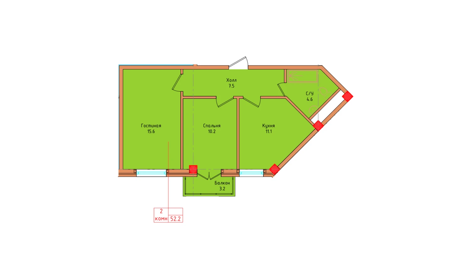 2-комнатная квартира 50.07 м²  7/7 этаж