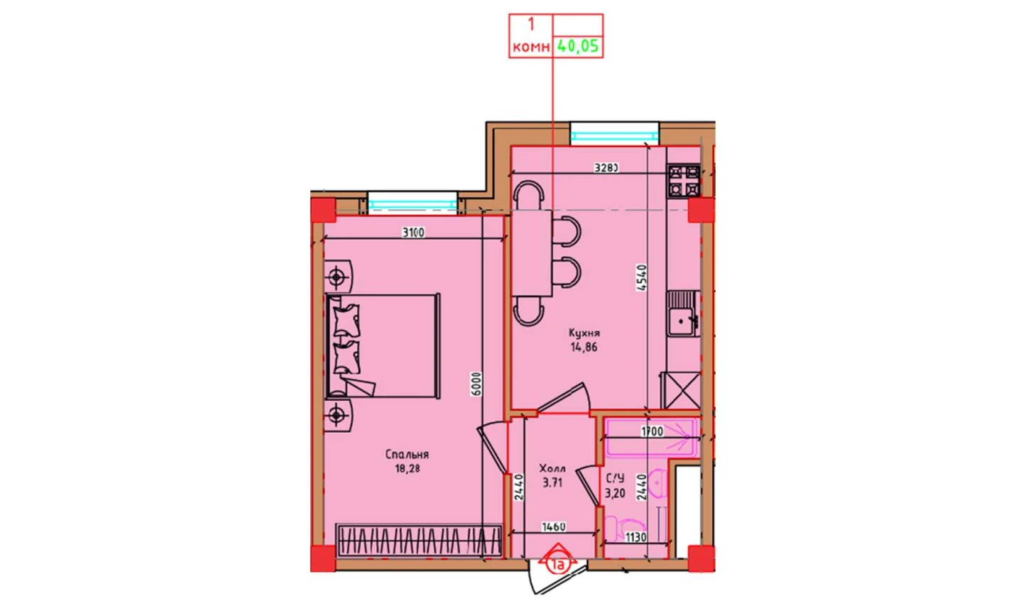 1-xonali xonadon 40.05 m²  1/1 qavat