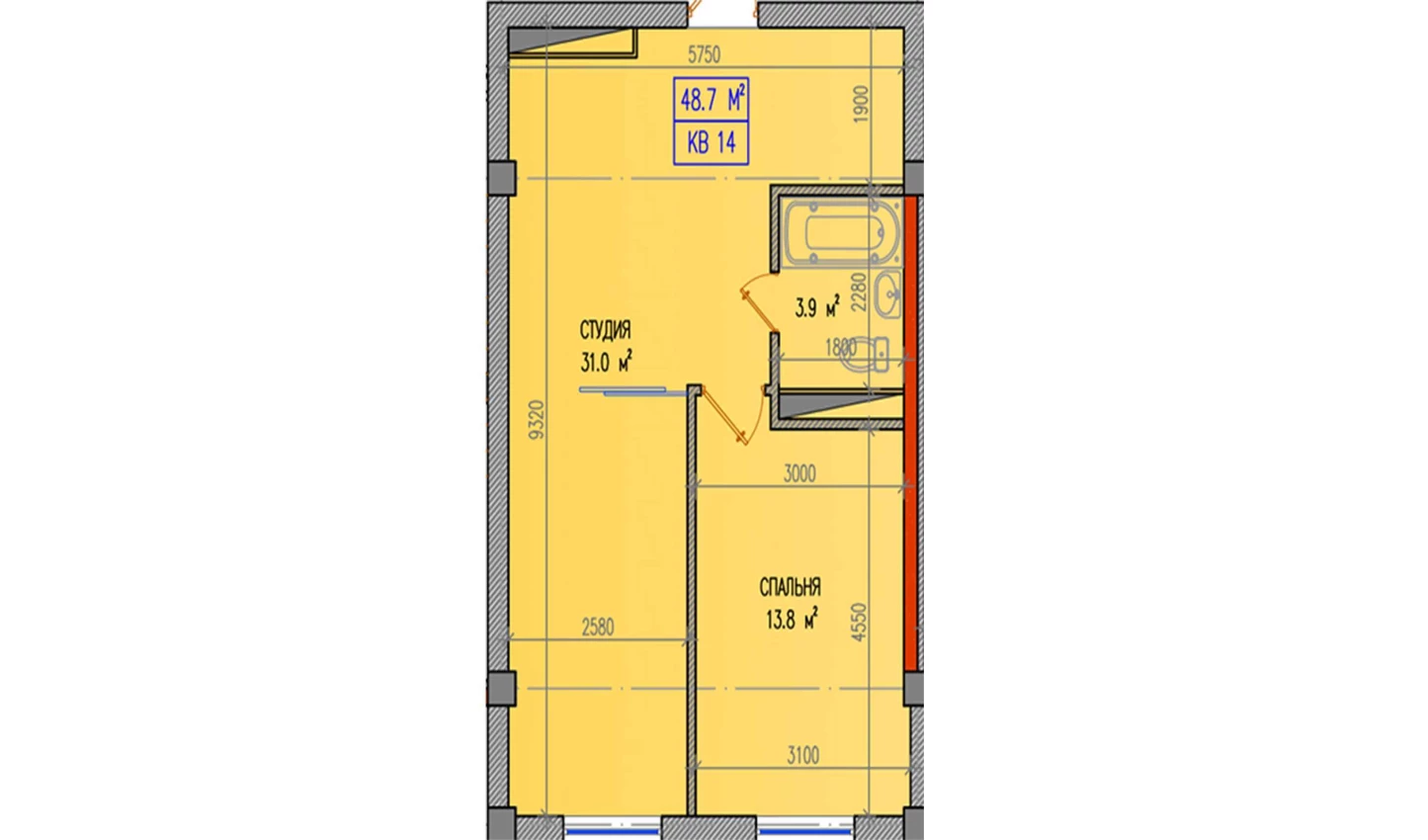 2-комнатная квартира 48.7 м²  2/2 этаж