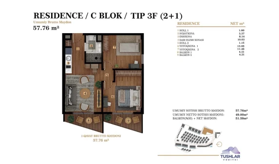 3-комнатная квартира 51.59 м²  2/7 этаж | Жилой комплекс TUSHLAR VODIYSI