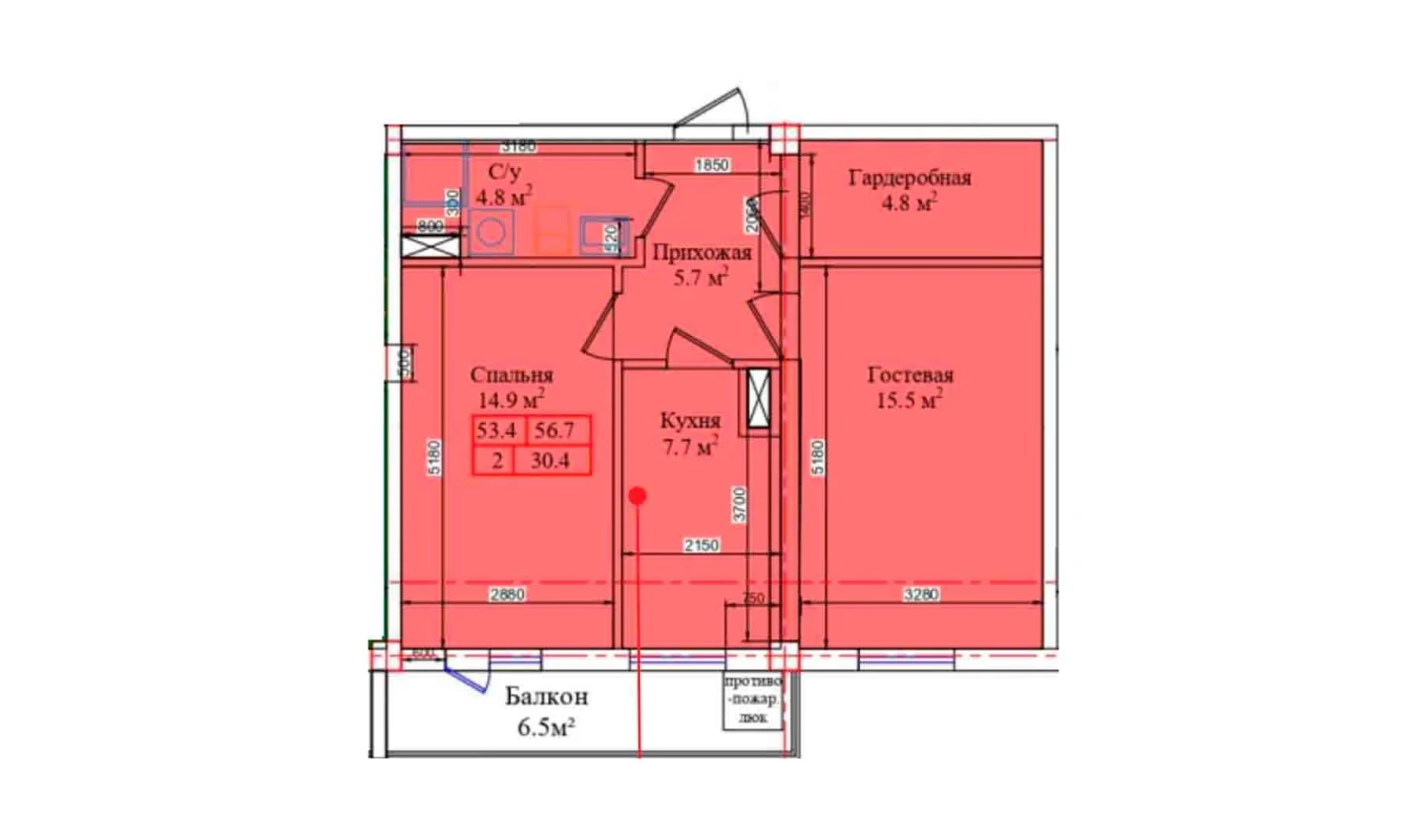 2-комнатная квартира 56.7 м²  2/2 этаж