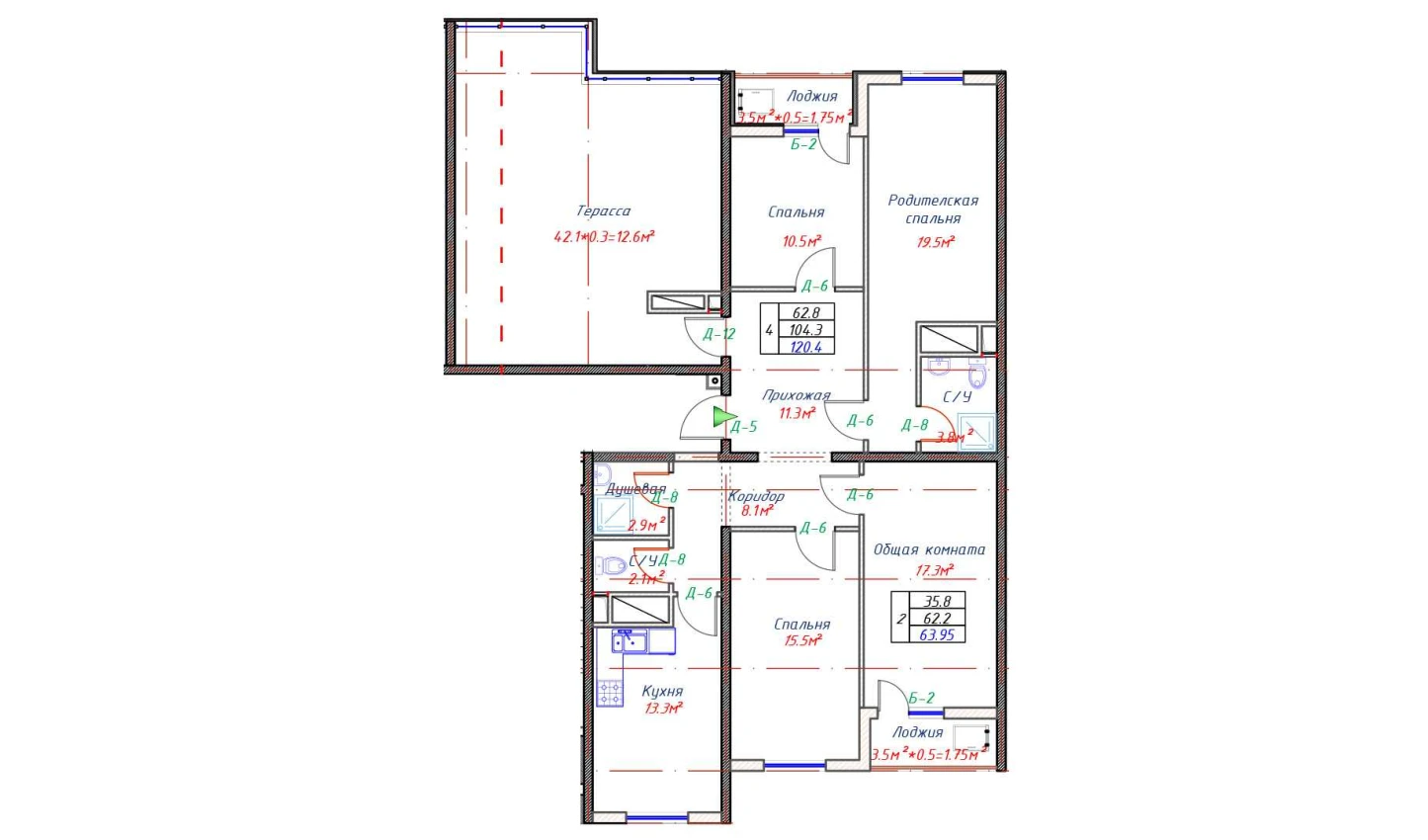 4-xonali xonadon 104.3 m²  16/16 qavat