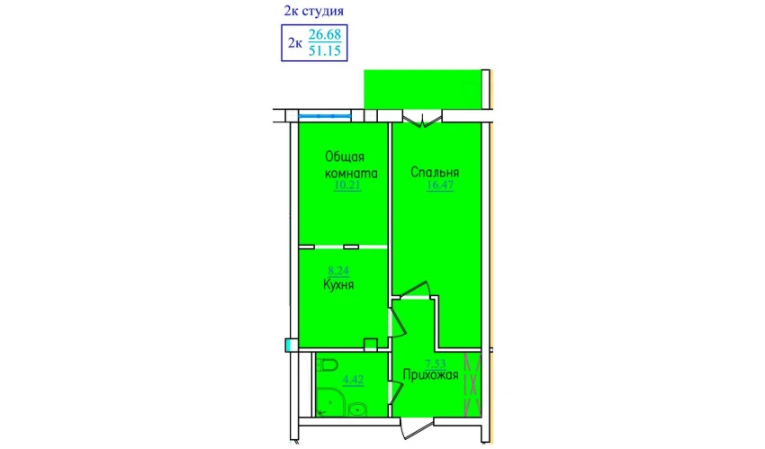 2-комнатная квартира 51.15 м²  5/9 этаж | Жилой комплекс PROVANS