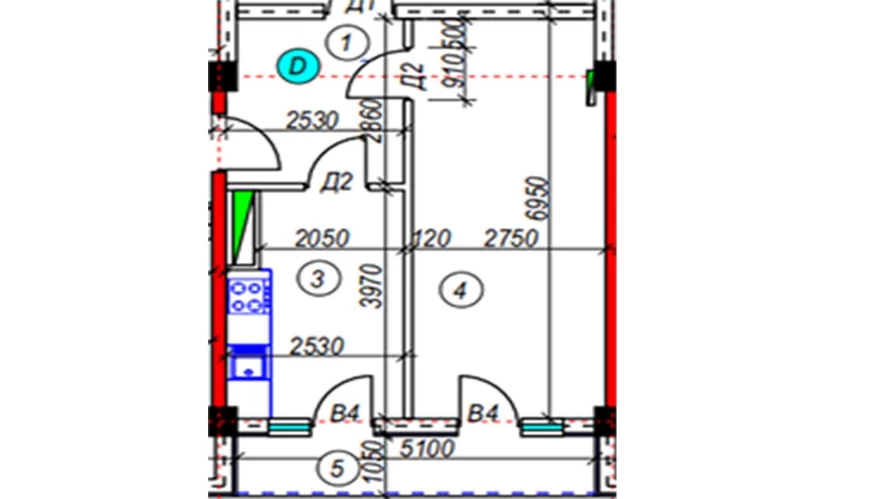 1-xonali xonadon 44.23 m²  8/8 qavat