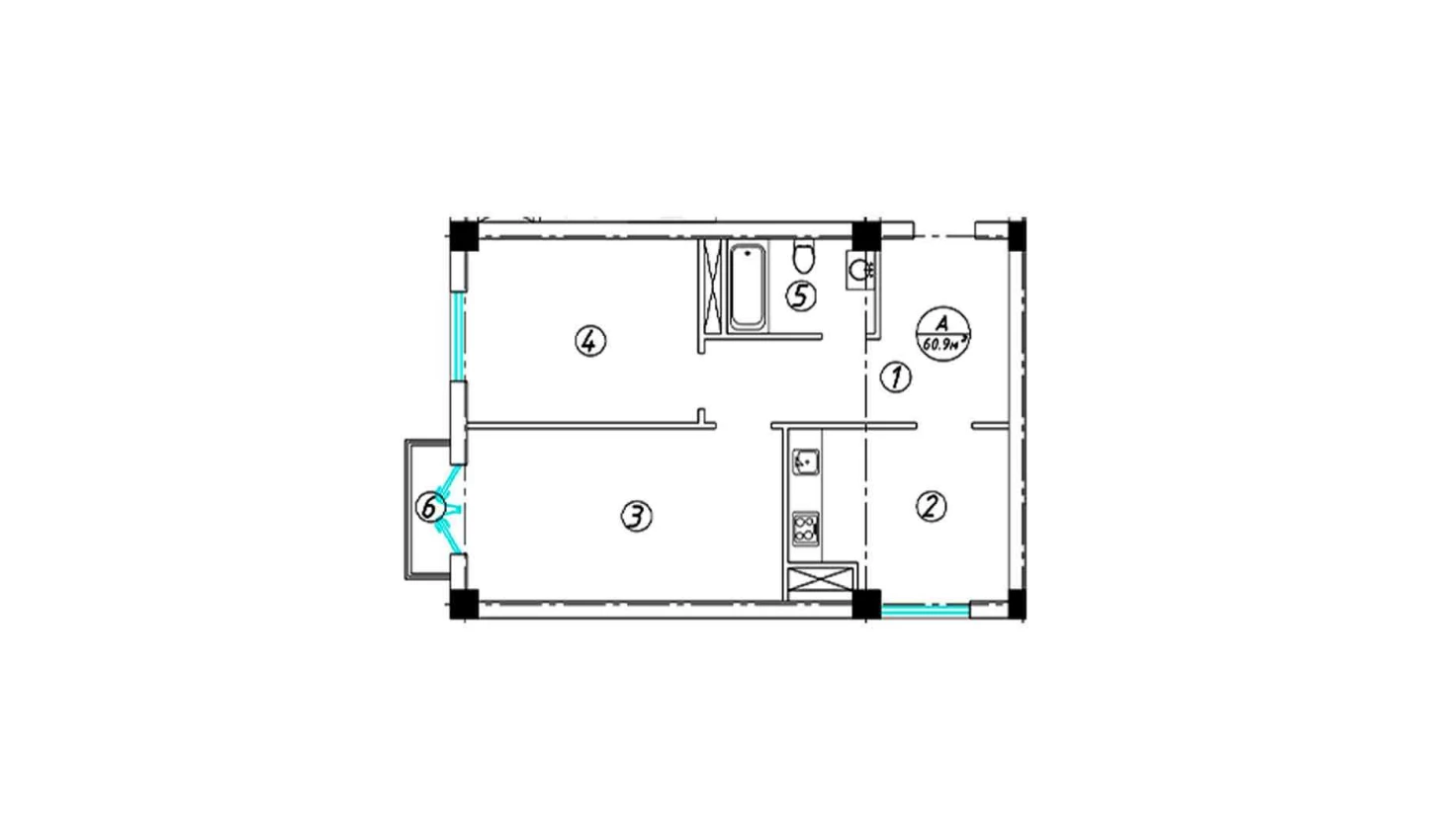 3-xonali xonadon 60.9 m²  6/6 qavat