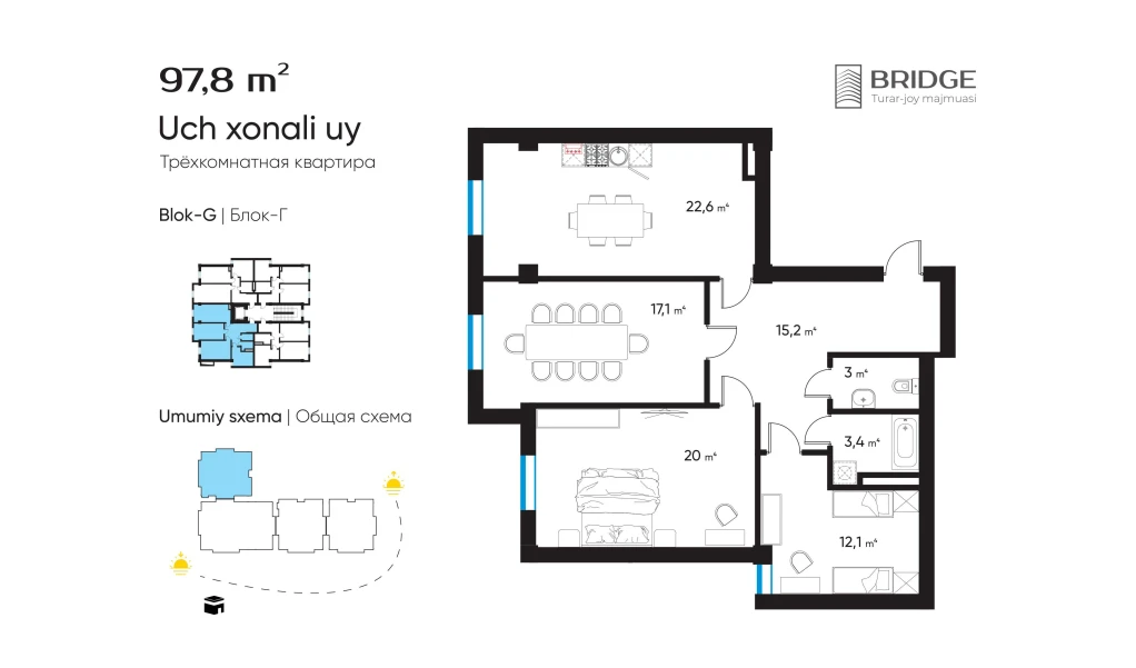 3-xonali xonadon 97.8 m²  8/8 qavat