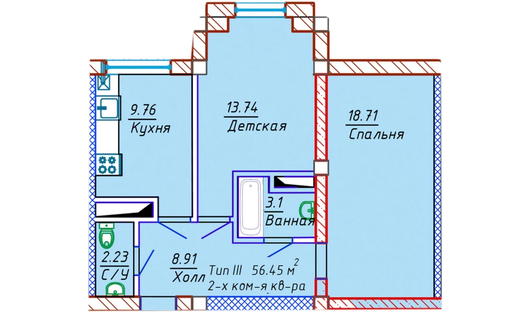 2-комнатная квартира 56.45 м²  9/9 этаж