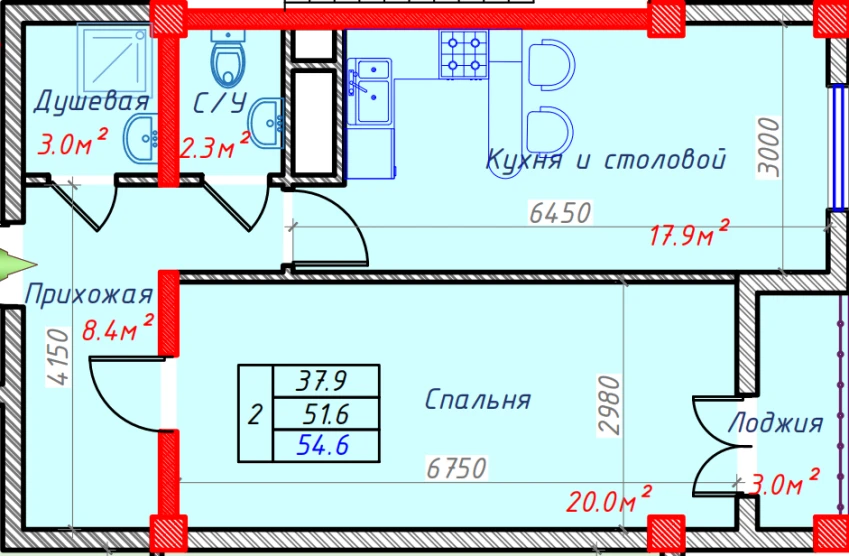 2-xonali xonadon 54.6 m²  4/4 qavat