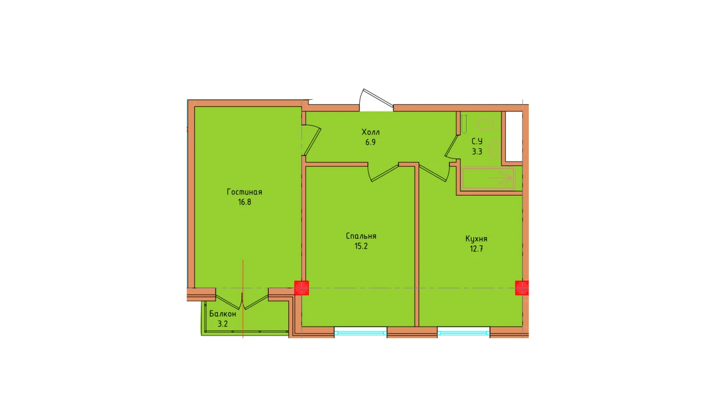 2-комнатная квартира 55.97 м²  2/2 этаж