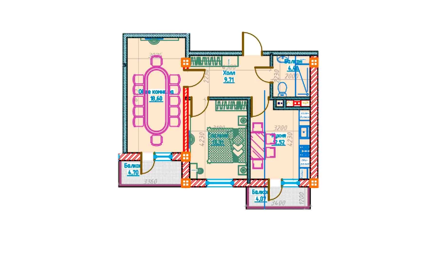 2-комнатная квартира 58.61 м²  4/4 этаж