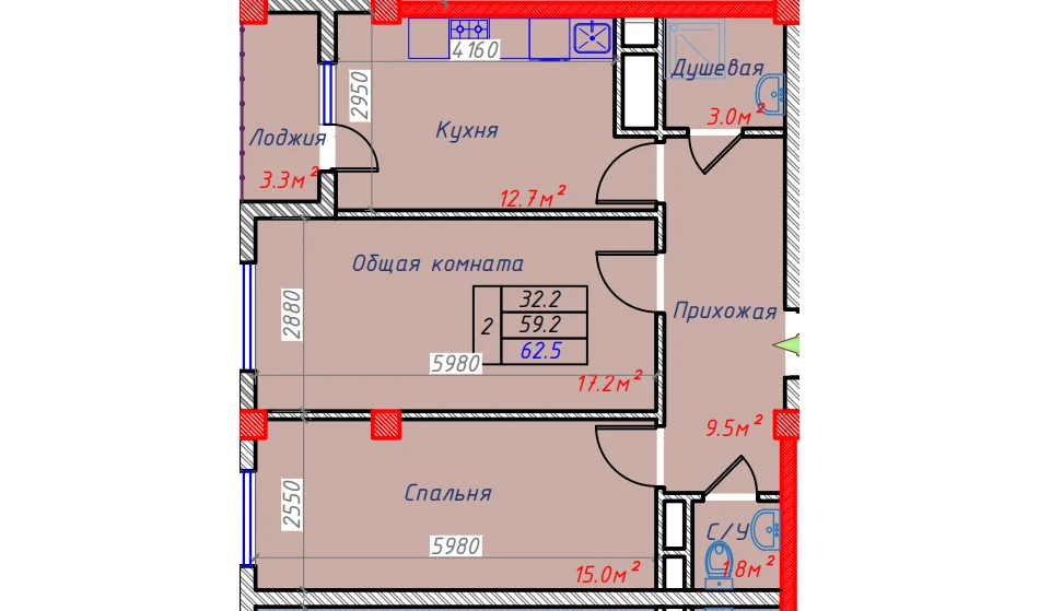 2-xonali xonadon 62.5 m²  6/6 qavat