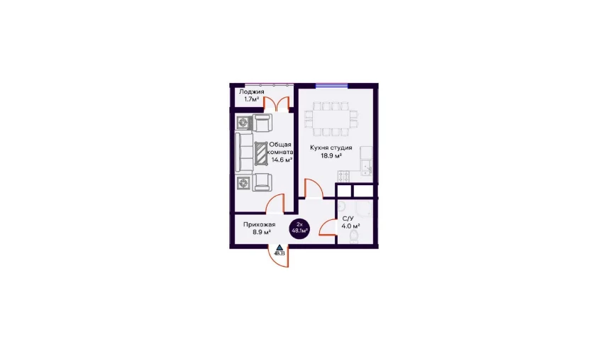 2-комнатная квартира 48.1 м²  4/16 этаж | Жилой комплекс Crystal Avenue