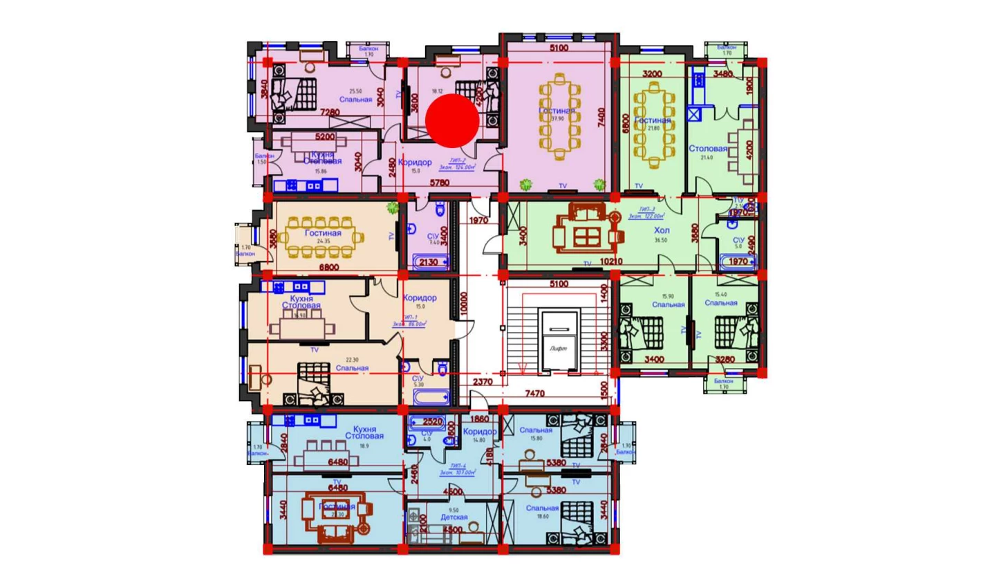 3-комнатная квартира 124 м²  6/6 этаж