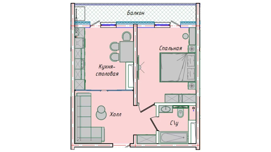 1-комнатная квартира 43.98 м²  11/11 этаж