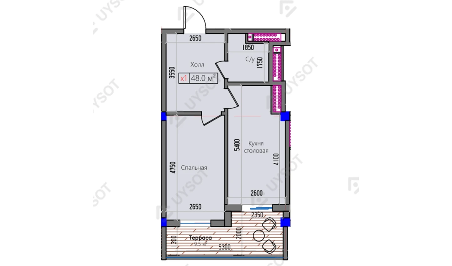 1-комнатная квартира 48 м²  9/9 этаж