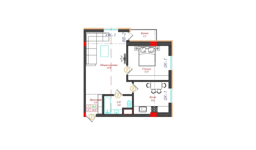 2-комнатная квартира 58 м²  3/12 этаж | Жилой комплекс CHINARA PARK