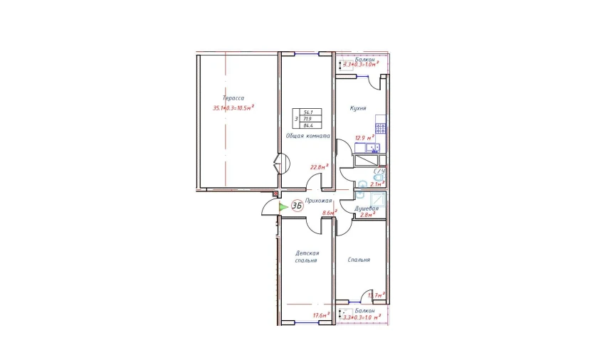 3-комнатная квартира 93 м²  16/16 этаж | Жилой комплекс TRINITY