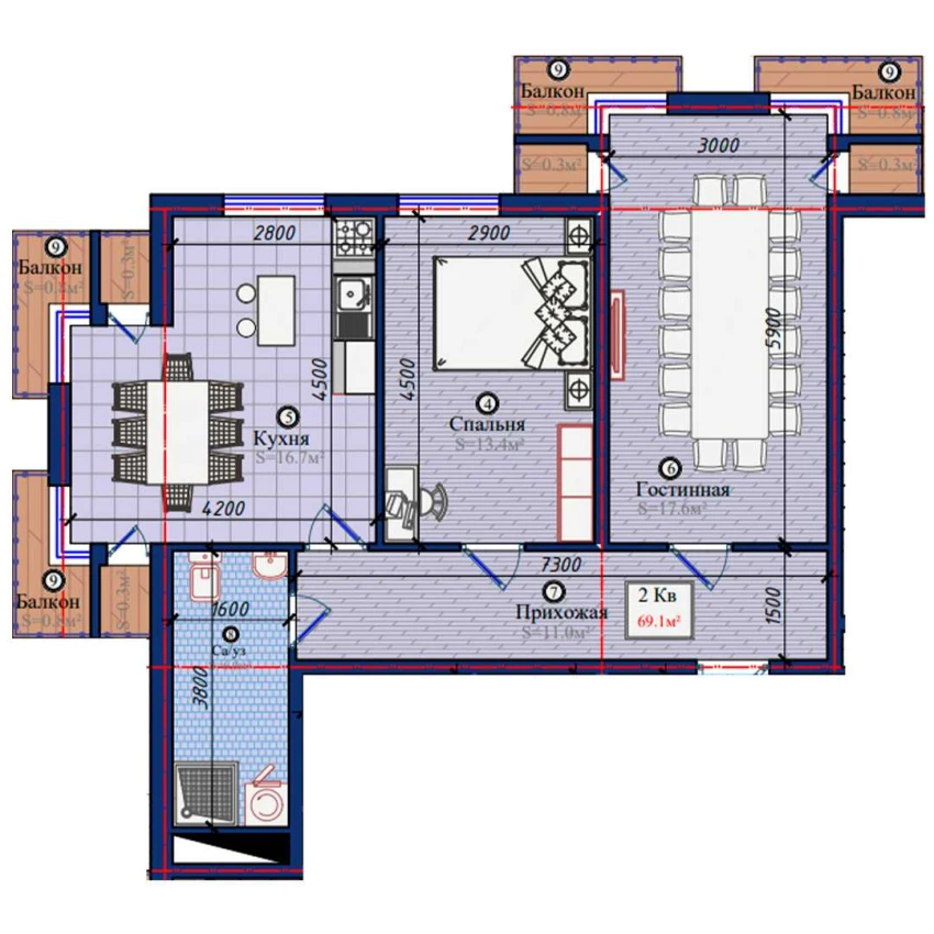 2-xonali xonadon 69.1 m²  9/9 qavat