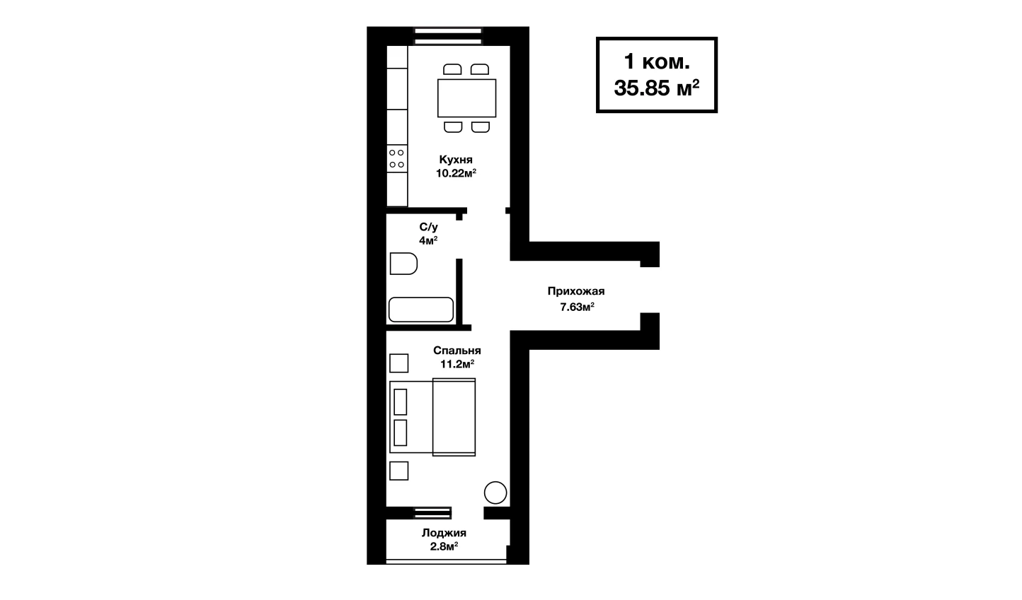 1-комнатная квартира 35.85 м²  2/2 этаж