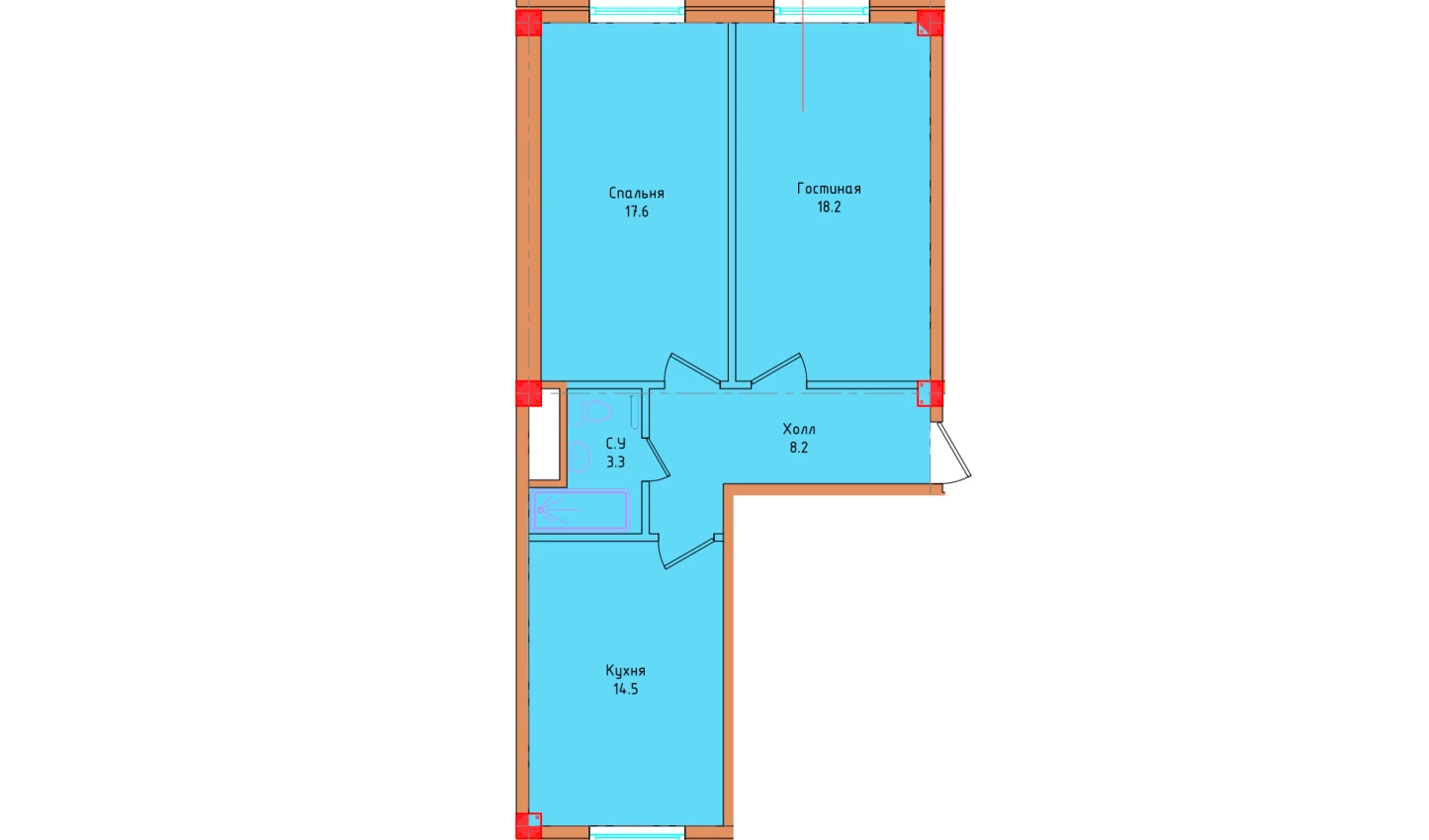 2-xonali xonadon 61.8 m²  1/1 qavat