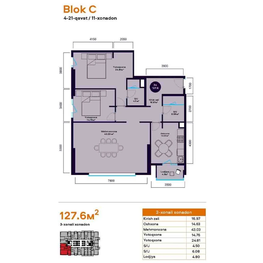 3-комнатная квартира 124.45 м²  3/3 этаж