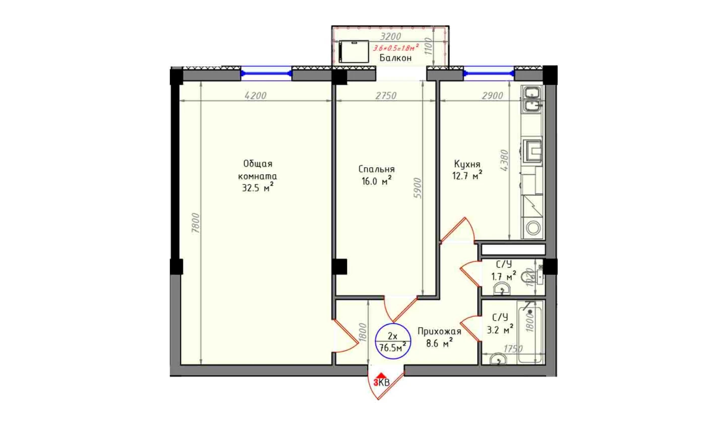 2-комнатная квартира 76.5 м²  4/4 этаж