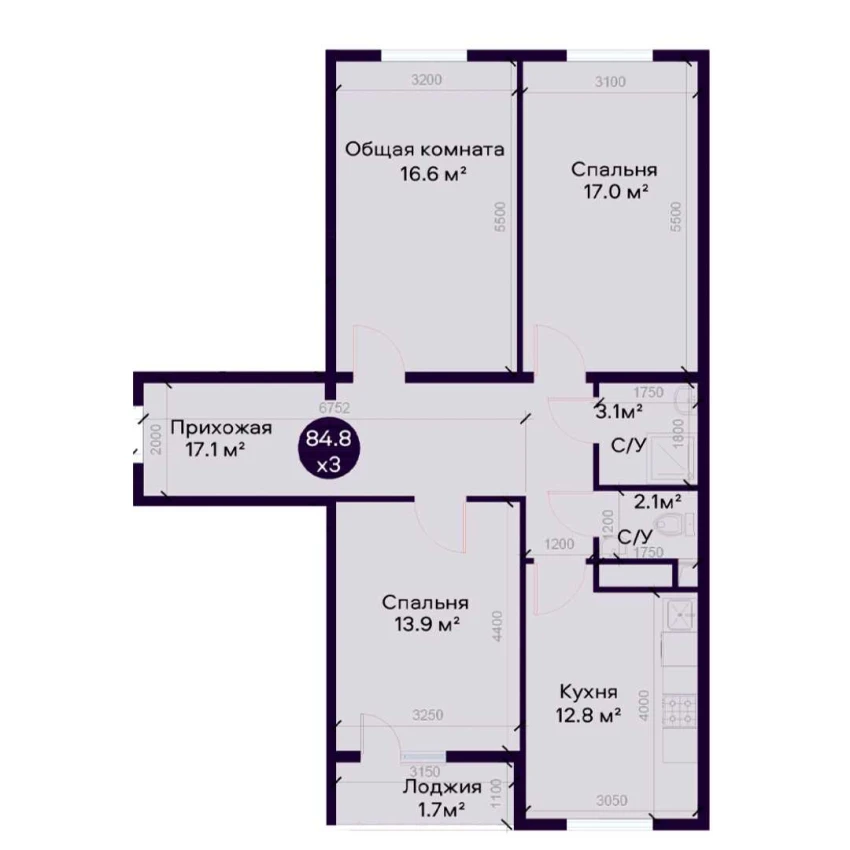 3-комнатная квартира 84.3 м²  9/9 этаж