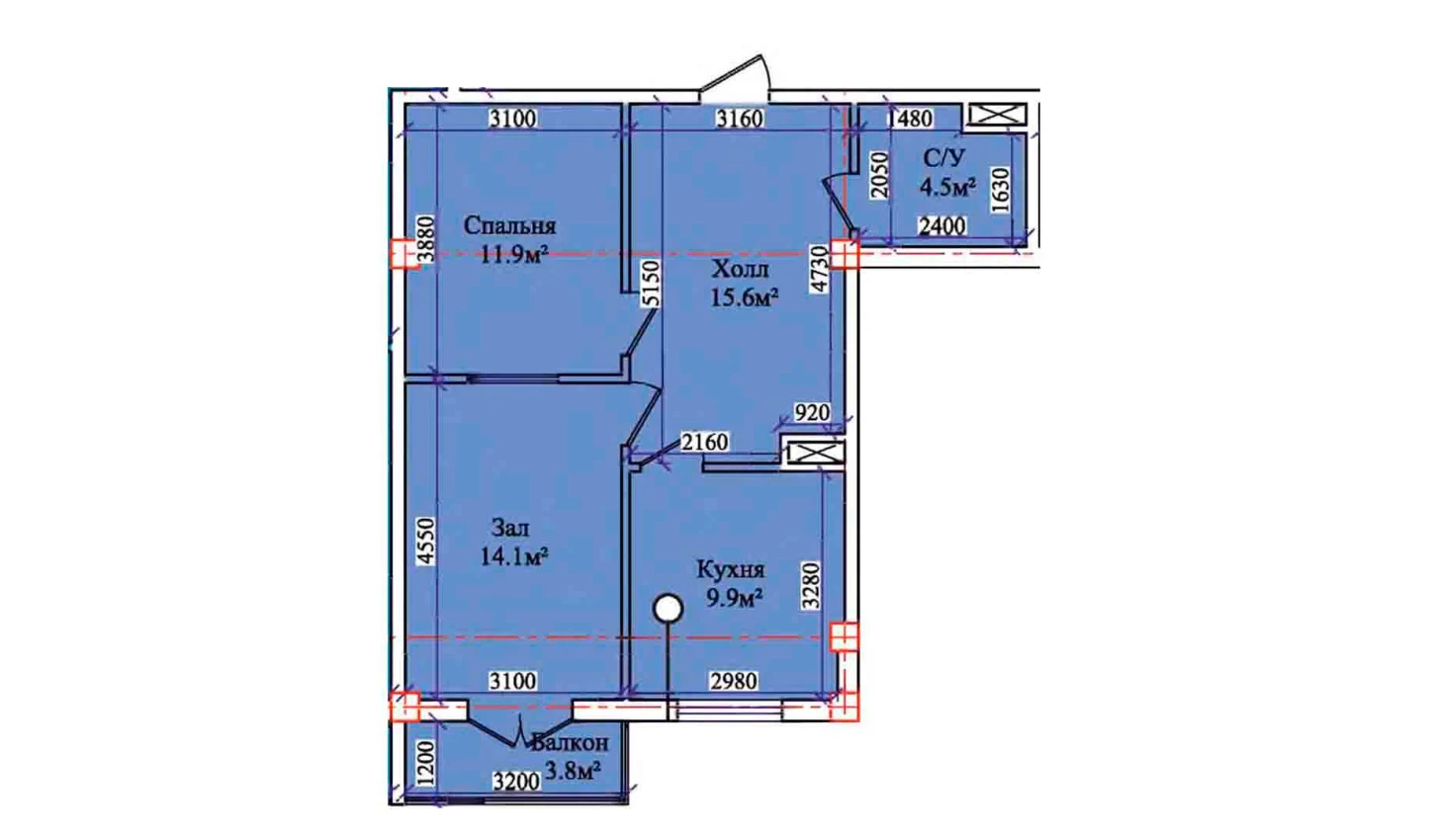 2-комнатная квартира 59.2 м²  6/6 этаж