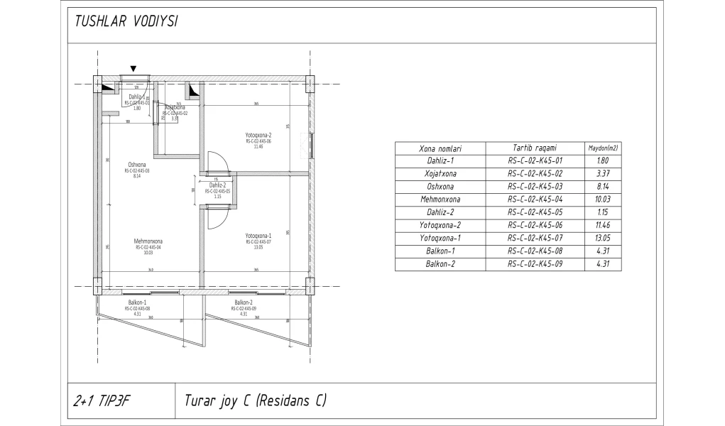 3-xonali xonadon 51.586 m²  7/7 qavat