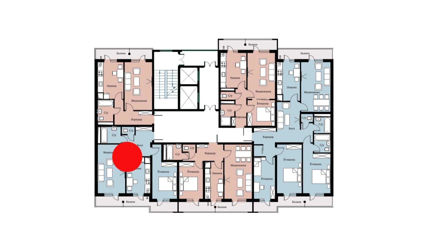 2-xonali xonadon 55.81 m²  1/16 qavat | SOKIN DIYOR Turar-joy majmuasi