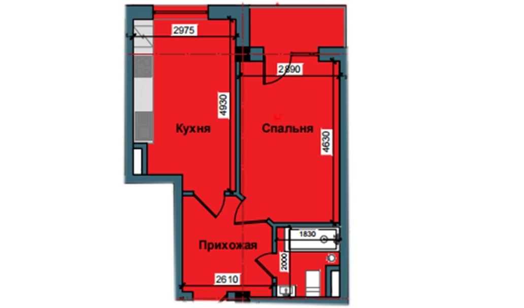 1-комнатная квартира 41.2 м²  3/3 этаж