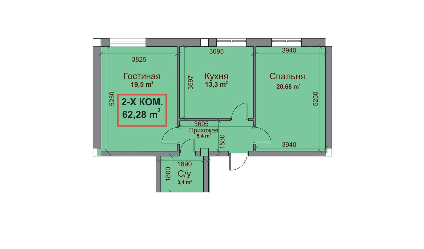 2-xonali xonadon 62.28 m²  1/1 qavat