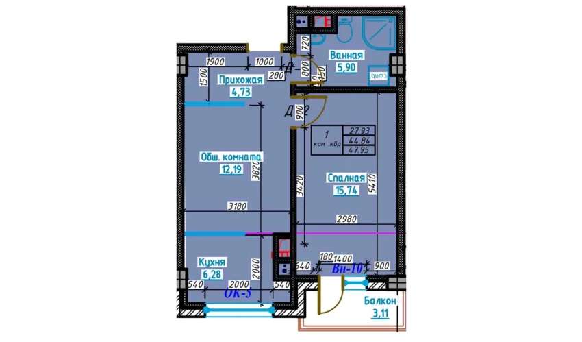 2-xonali xonadon 47.8 m²  2/2 qavat