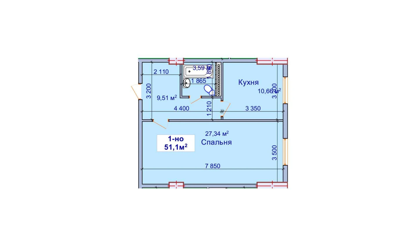 1-xonali xonadon 51.1 m²  1/1 qavat