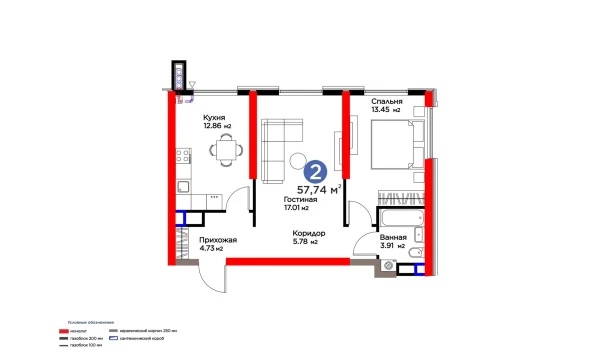 2-комнатная квартира 57.74 м²  2/16 этаж | Жилой комплекс BI SAN'AT