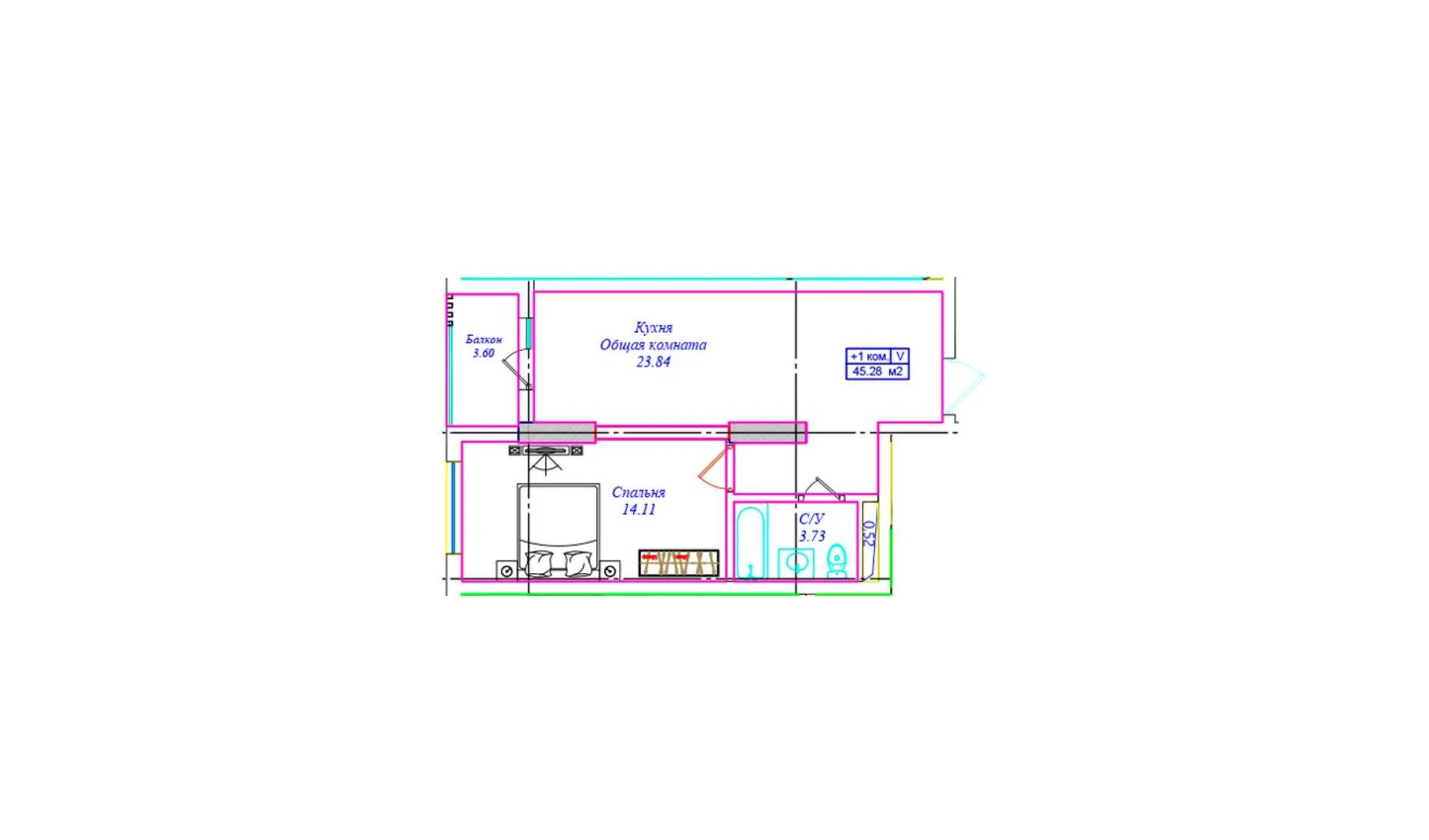 1-комнатная квартира 45.28 м²  9/9 этаж