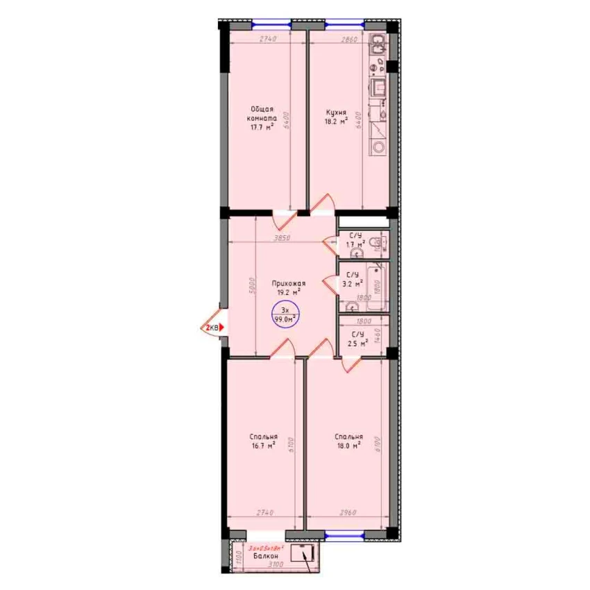 3-xonali xonadon 99 m²  12/12 qavat