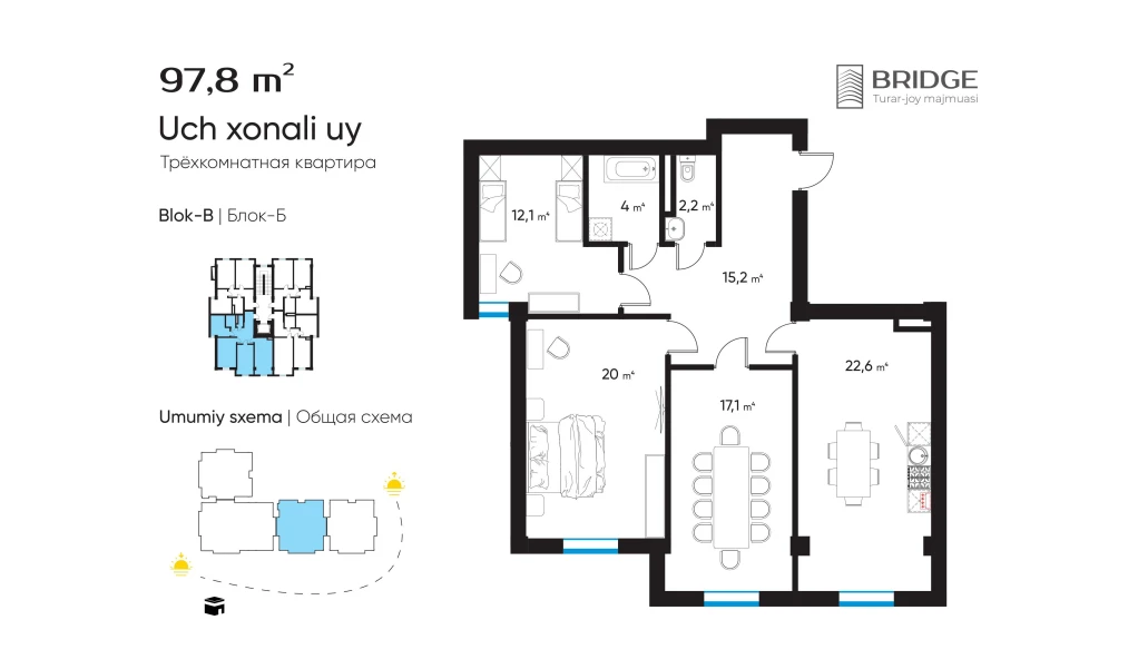 3-xonali xonadon 97.8 m²  6/6 qavat