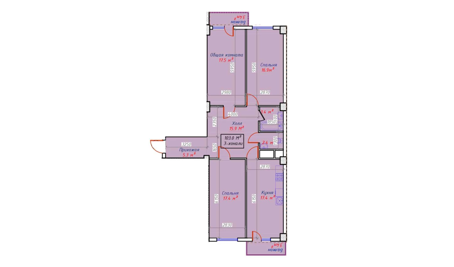 3-комнатная квартира 103 м²  5/5 этаж