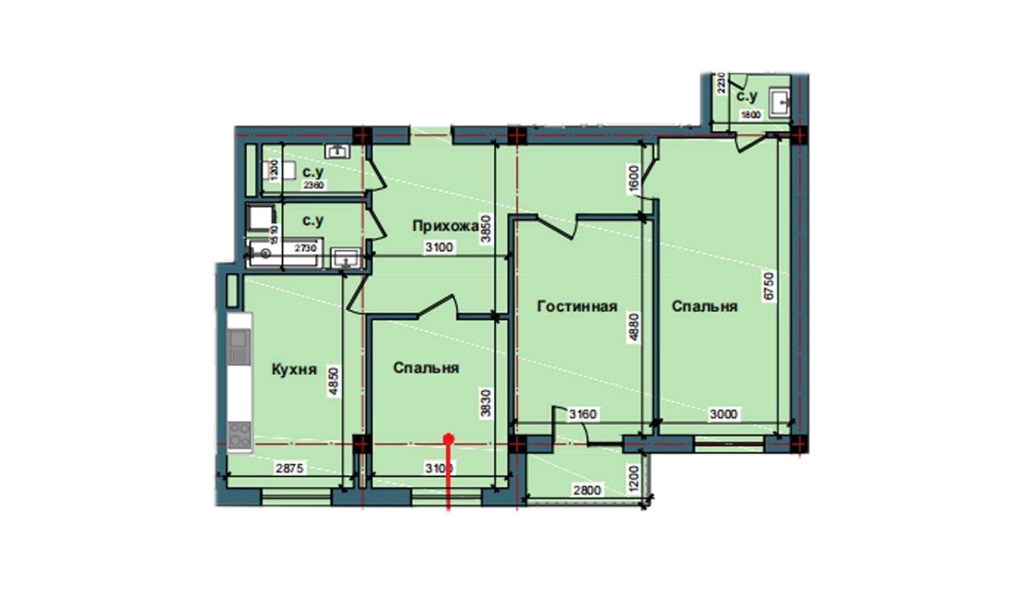 3-комнатная квартира 98.4 м²  6/6 этаж