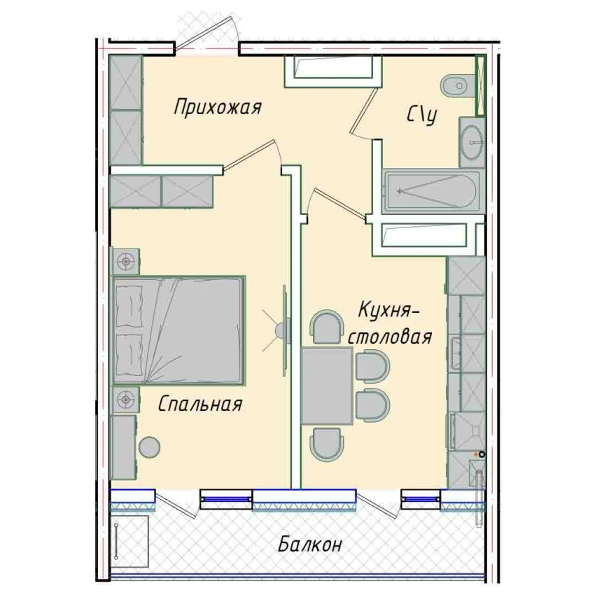 1-комнатная квартира 35.73 м²  8/8 этаж